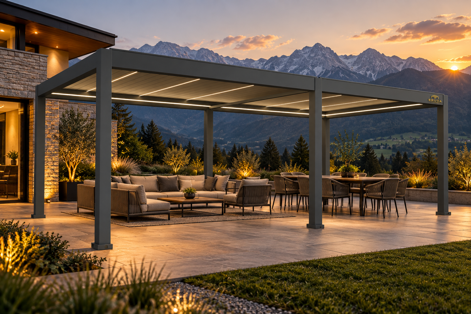 BRUDA B10 — premium bioclimatic pergola in a Slovenian Alpine setting