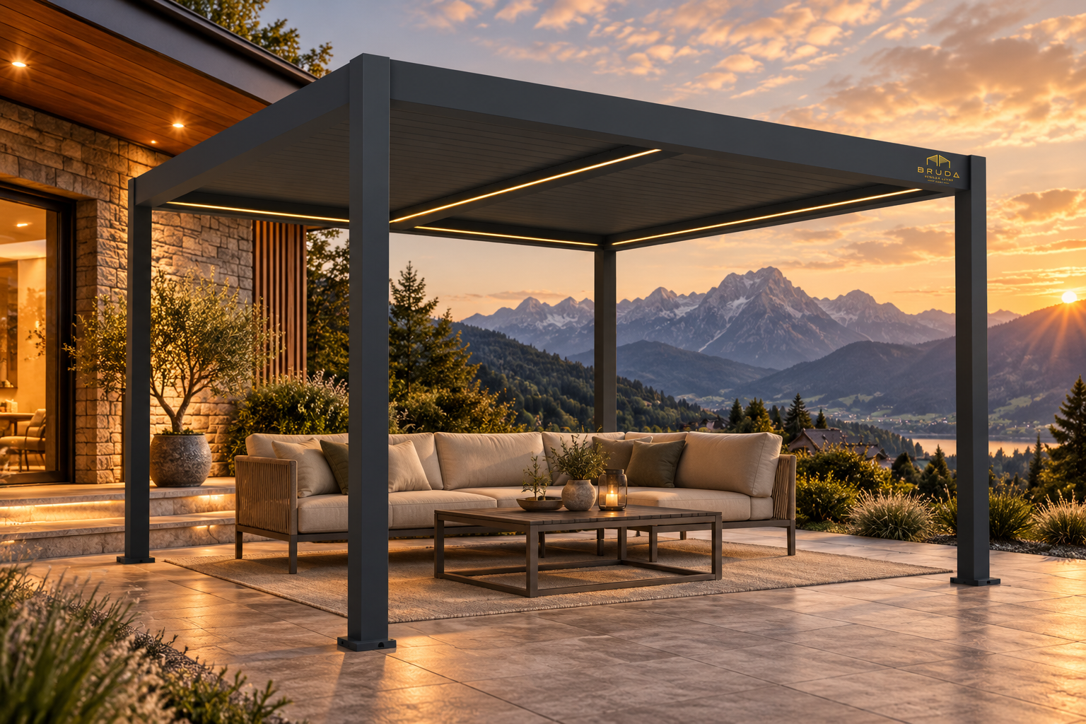 BRUDA B4 — motorised bioclimatic pergola in a Slovenian Alpine setting