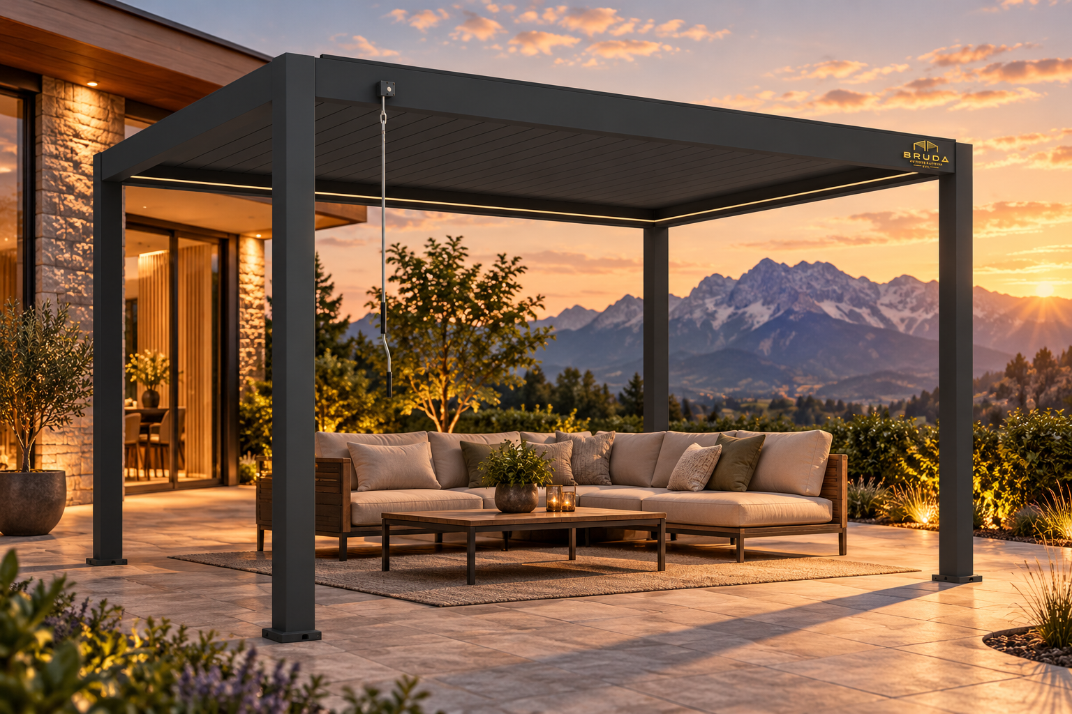 BRUDA BM — manual bioclimatic pergola in a Slovenian Alpine setting