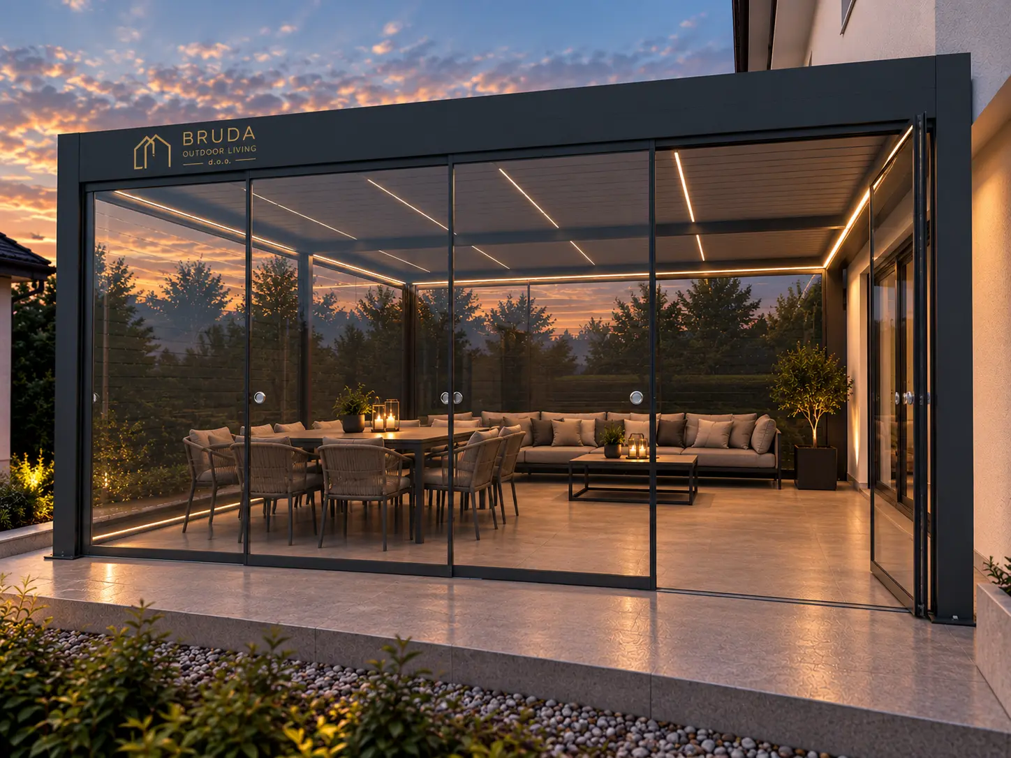 BRUDA pergola with glazing and lighting