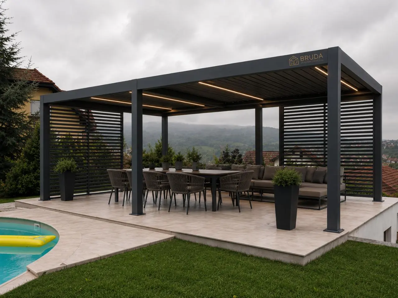 Large BRUDA bioclimatic pergola beside a pool