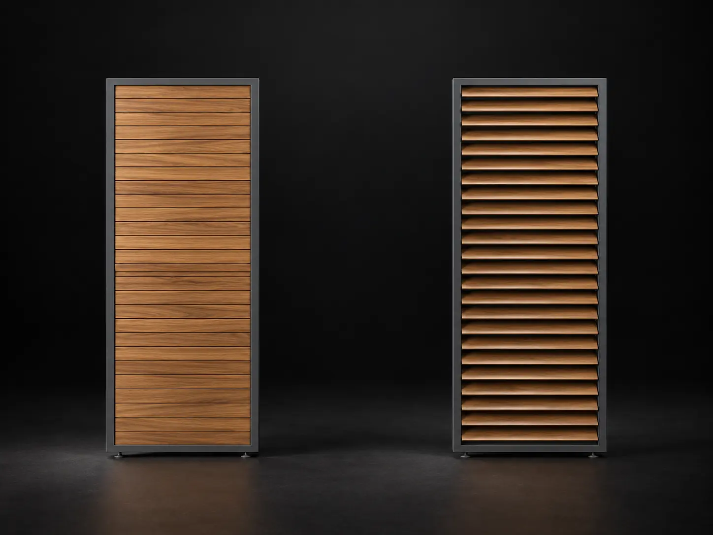BRUDA Stella-65 Adjustable with closed Teak louvres on the left and open Teak louvres on the right